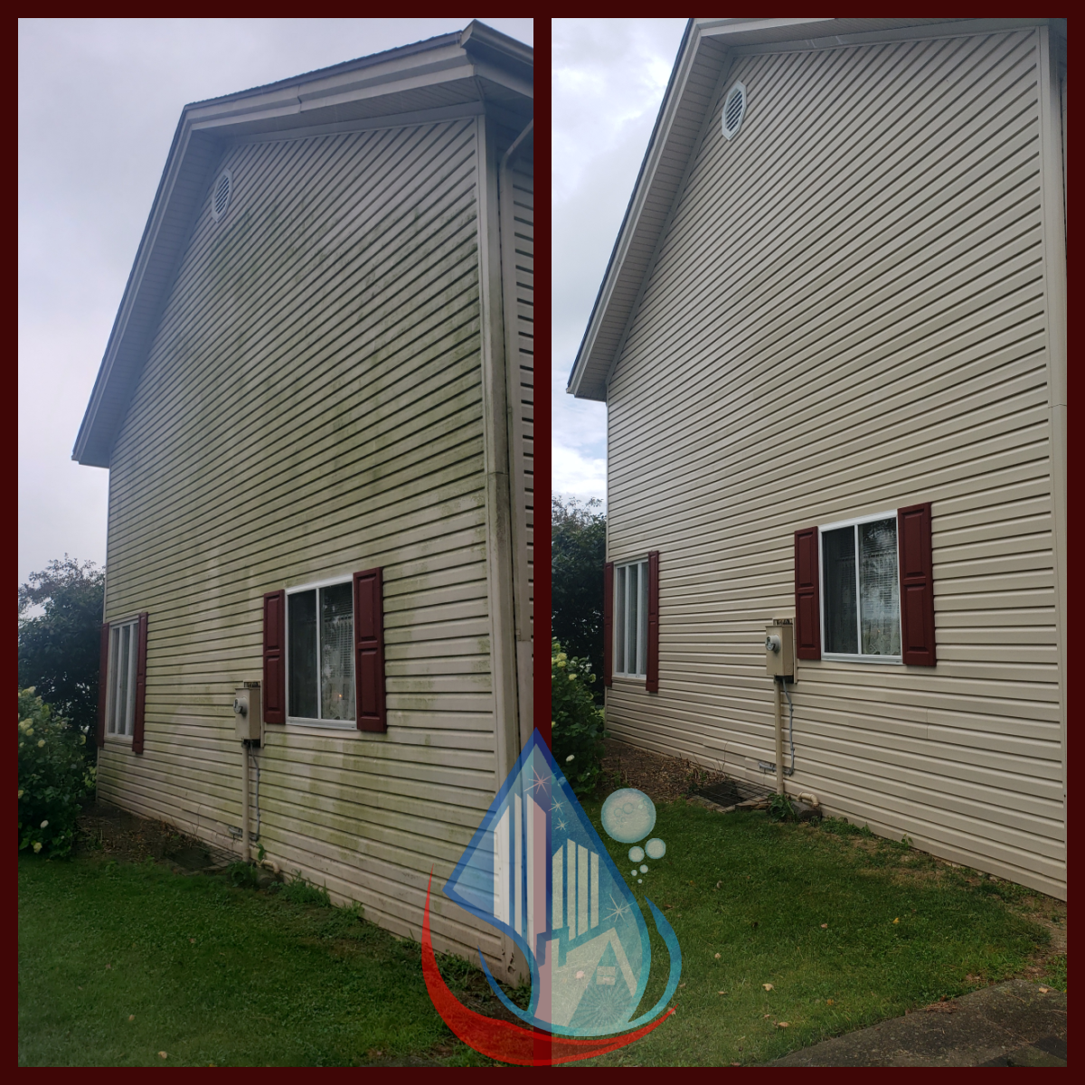 House wash before and after — vinyl siding covered in algae on the left, clean bright siding on the right